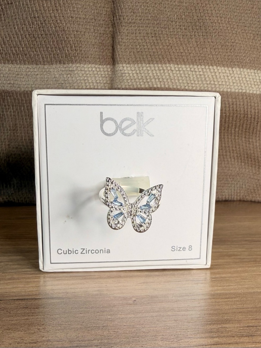 NWT Belk Silver Light Blue Cubic Zirconia Butterfly Statement Ring Size 8